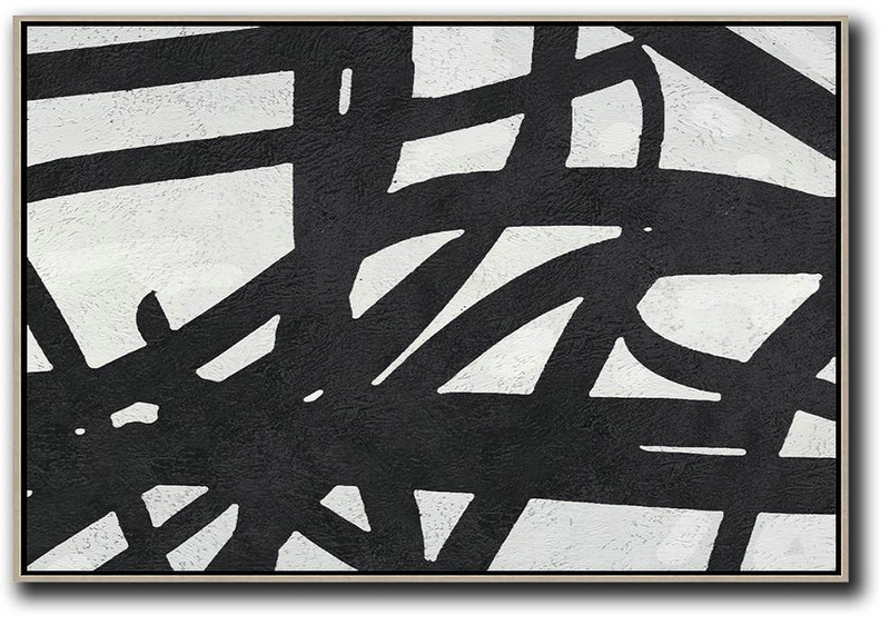 Big Canvas Painting,Hand Painted Oversized Horizontal Minimal Art On Canvas, Black And White Minimalist Painting - Art Work